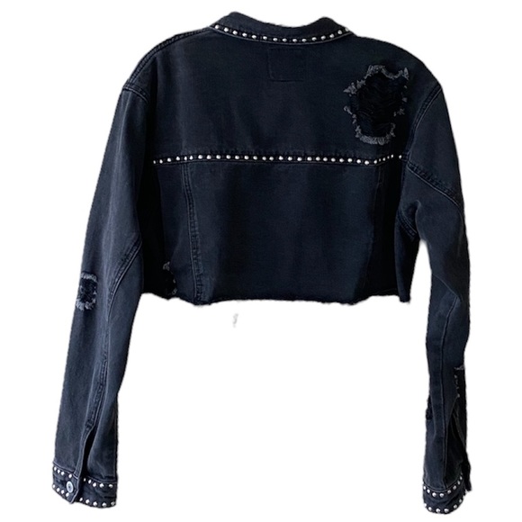 Cropped Black Jean Jacket Denim Distressed Ripped Silver Studded Streetwear Crop - Picture 7 of 16